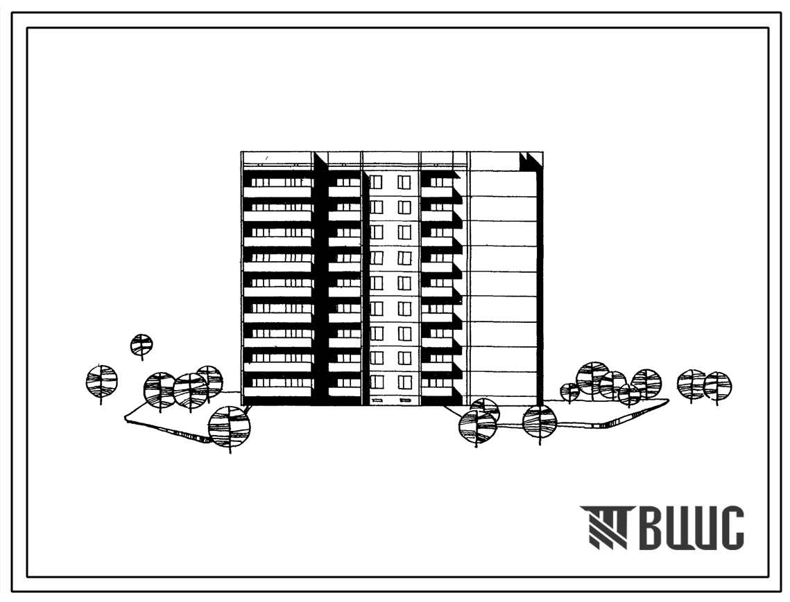 Типовой проект 96-035 Девятиэтажная поворотная блок-секция на 54 квартиры (однокомнатных 1А-18, 1Б-9; двухкомнатных 2Б-18; трехкомнатных 3Б-9), для строительства во 2В, 3Б, 3В климатических подрайонах Украинской ССР