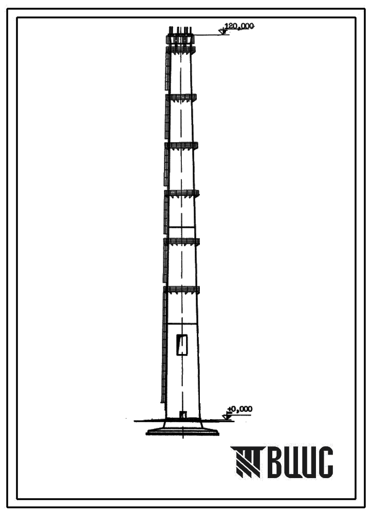 Типовой проект 907-2-88 Труба дымовая кирпичная для котельных установок Н-120,0м; Д0-4,8м. Для строительства во 2 районе ветровой нагрузки.
