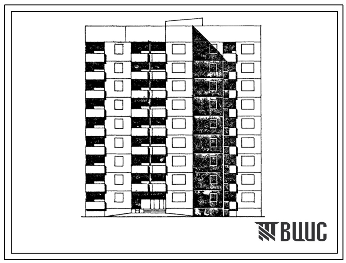 Типовой проект 119-010.85 Блок-секция рядовая с торцевыми окончаниями 9-этажная 35-квартирная со сдвигом 1Б-1Б-3Б-3Б. Для строительства во 2Б климатическом подрайоне Латвийской ССР.
