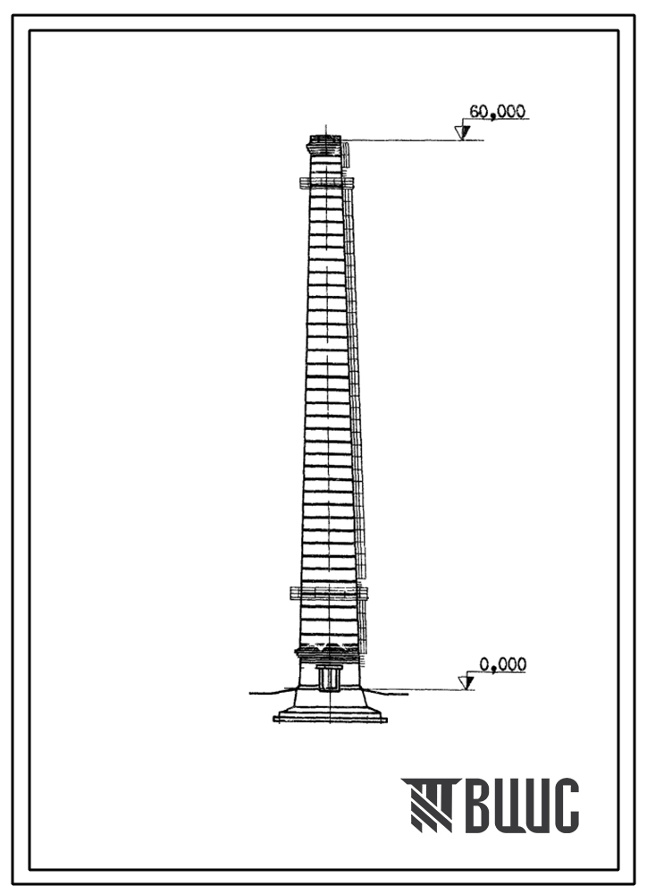 Типовой проект 907-2-214 Труба дымовая кирпичная Н=60 м, Д0=2,1 м с наземным примыканием газоходов для котельных установок. Для строительства в 1-4 климатических районов кроме подрайонов 1А и 1Б