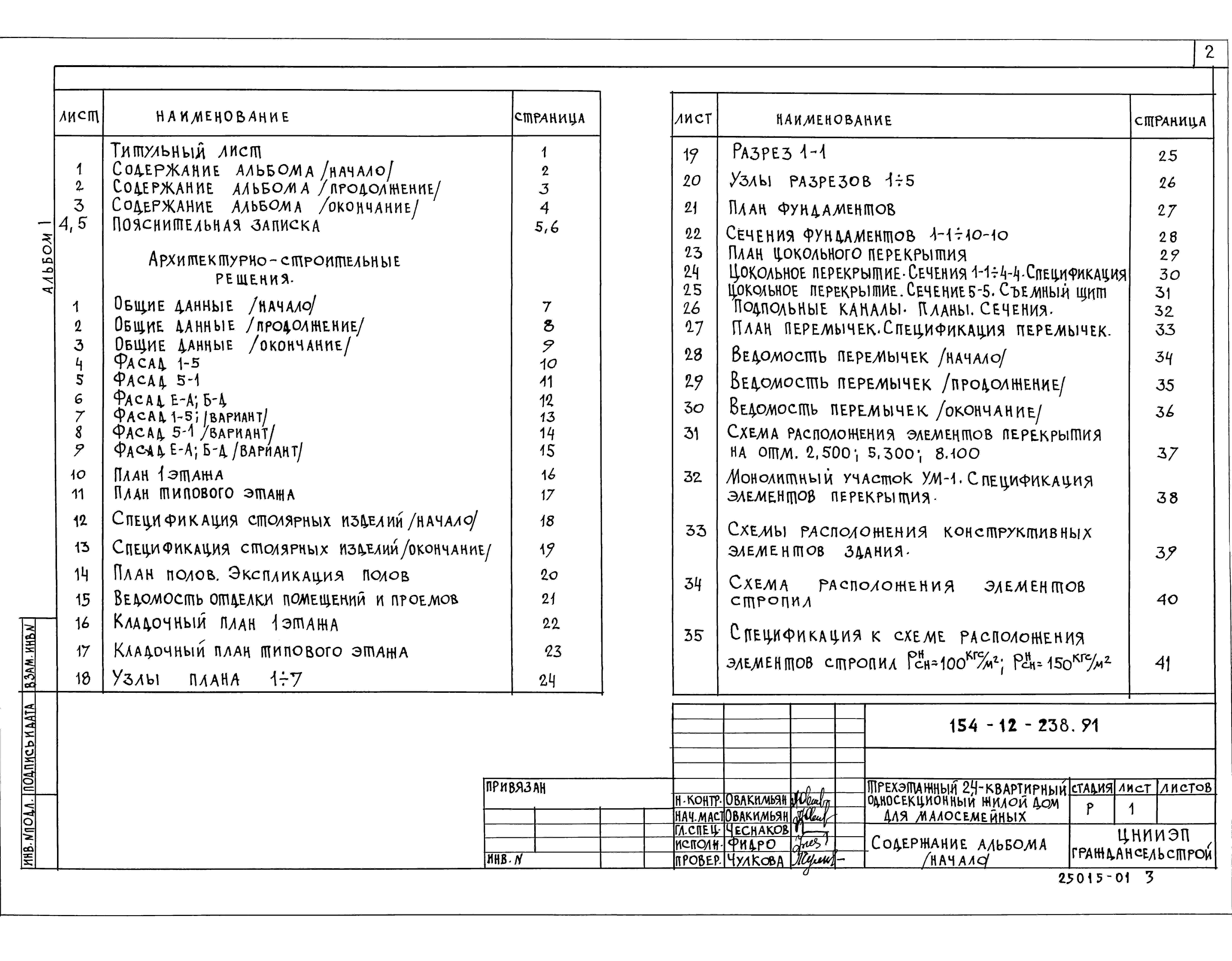 Состав альбома Типовой проект 154-12-238.91Альбом 1 Архитектурно-строительные, сантехнические и электротехнические чертежи 