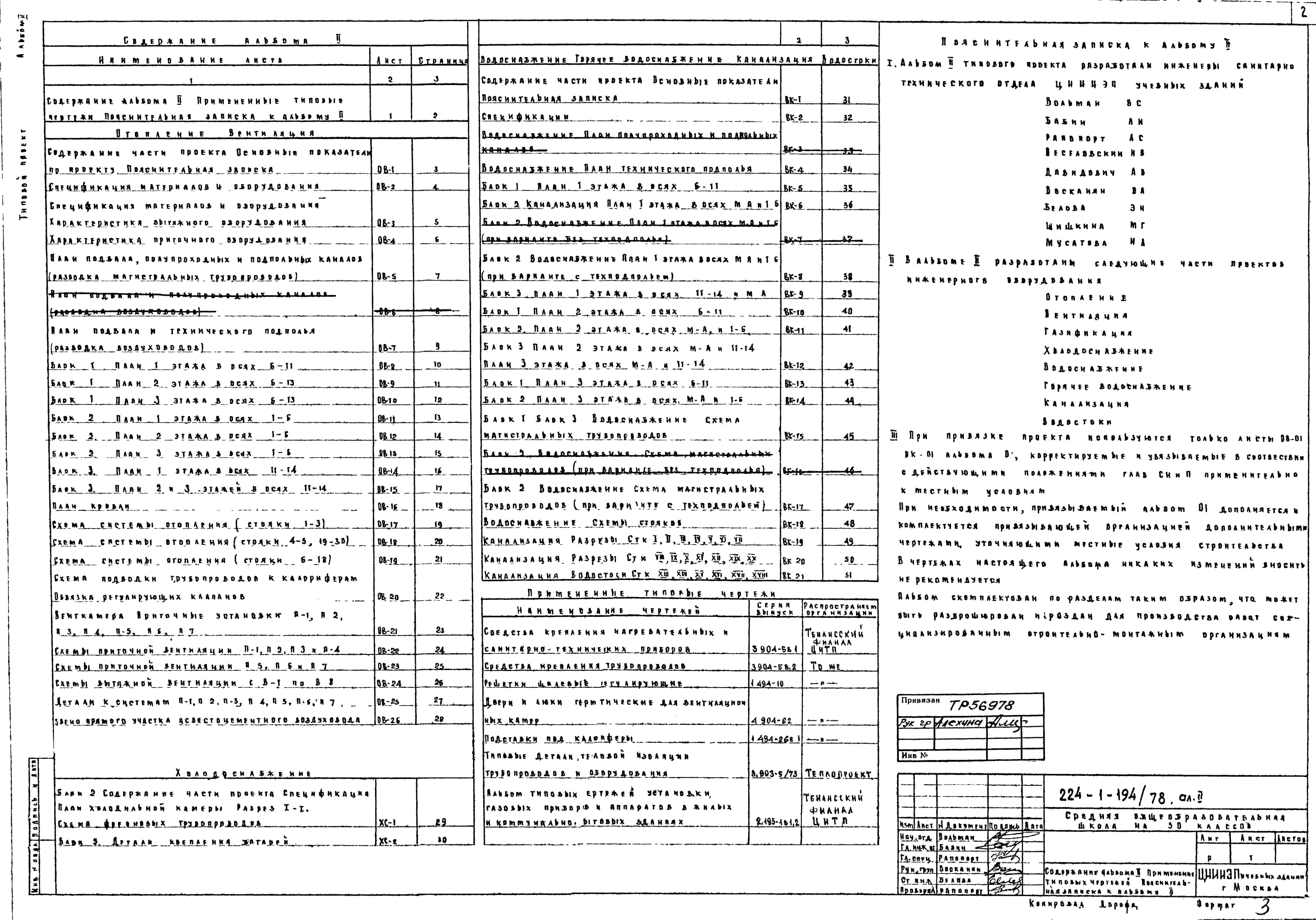 Состав альбома Типовой проект 224-1-194/78Альбом 2 Санитарно-технические чертежи