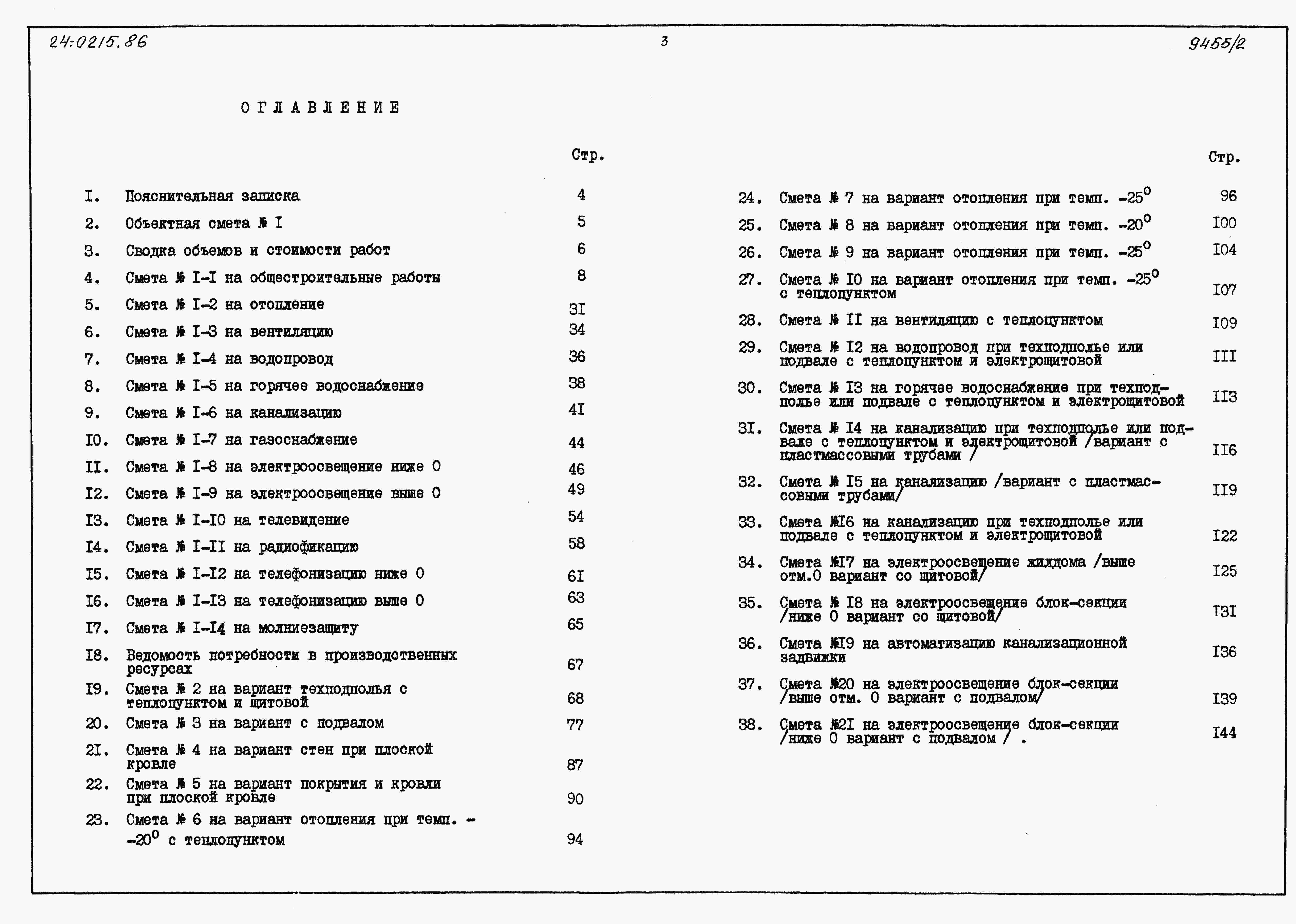 Состав альбома Типовой проект 24-0215.86Альбом 2 Часть 7 Раздел 7-1 Сметы на блок секцию