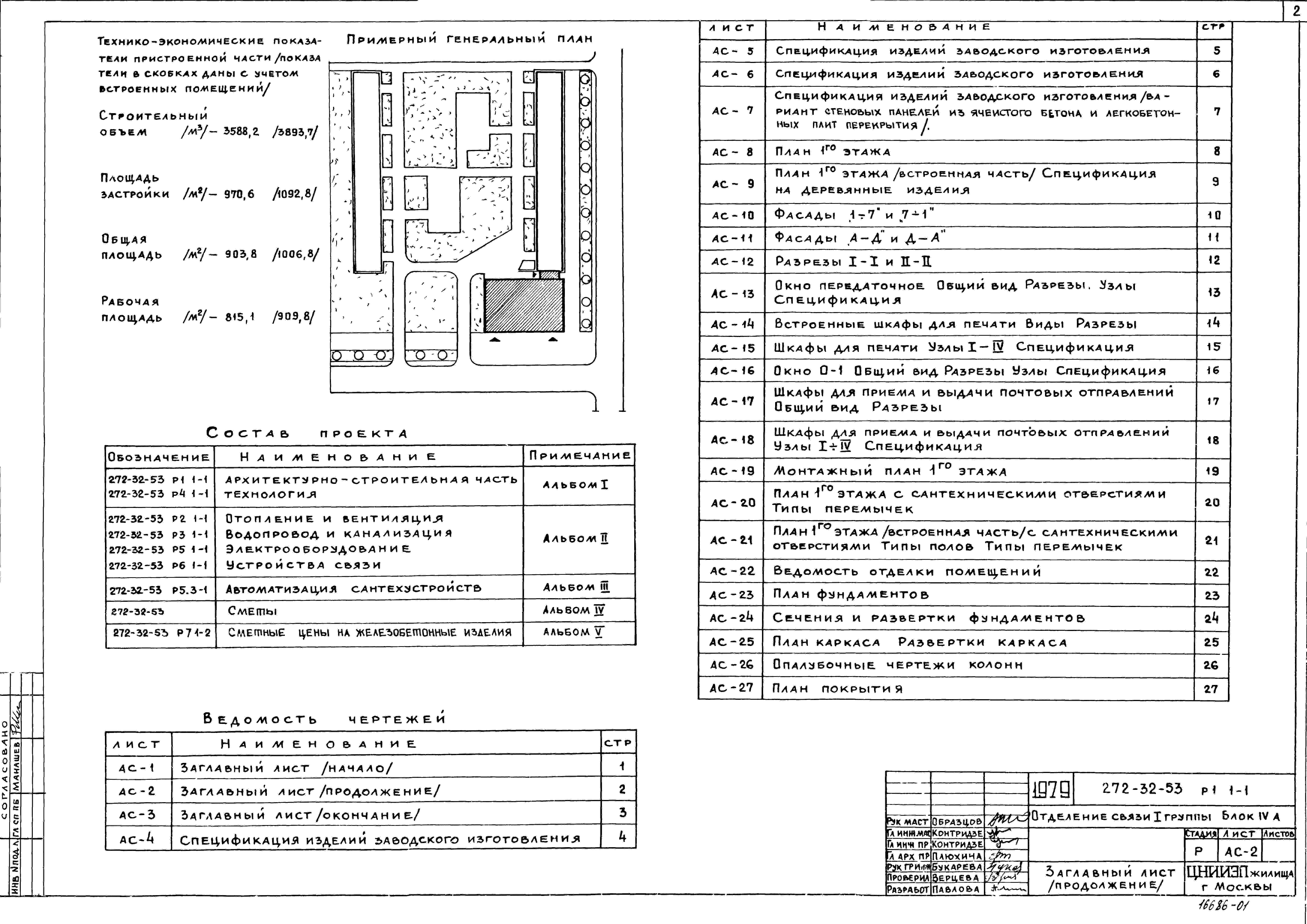 Состав альбома Типовой проект 272-32-53Альбом 1 Архитектурно-строительная часть. Технология