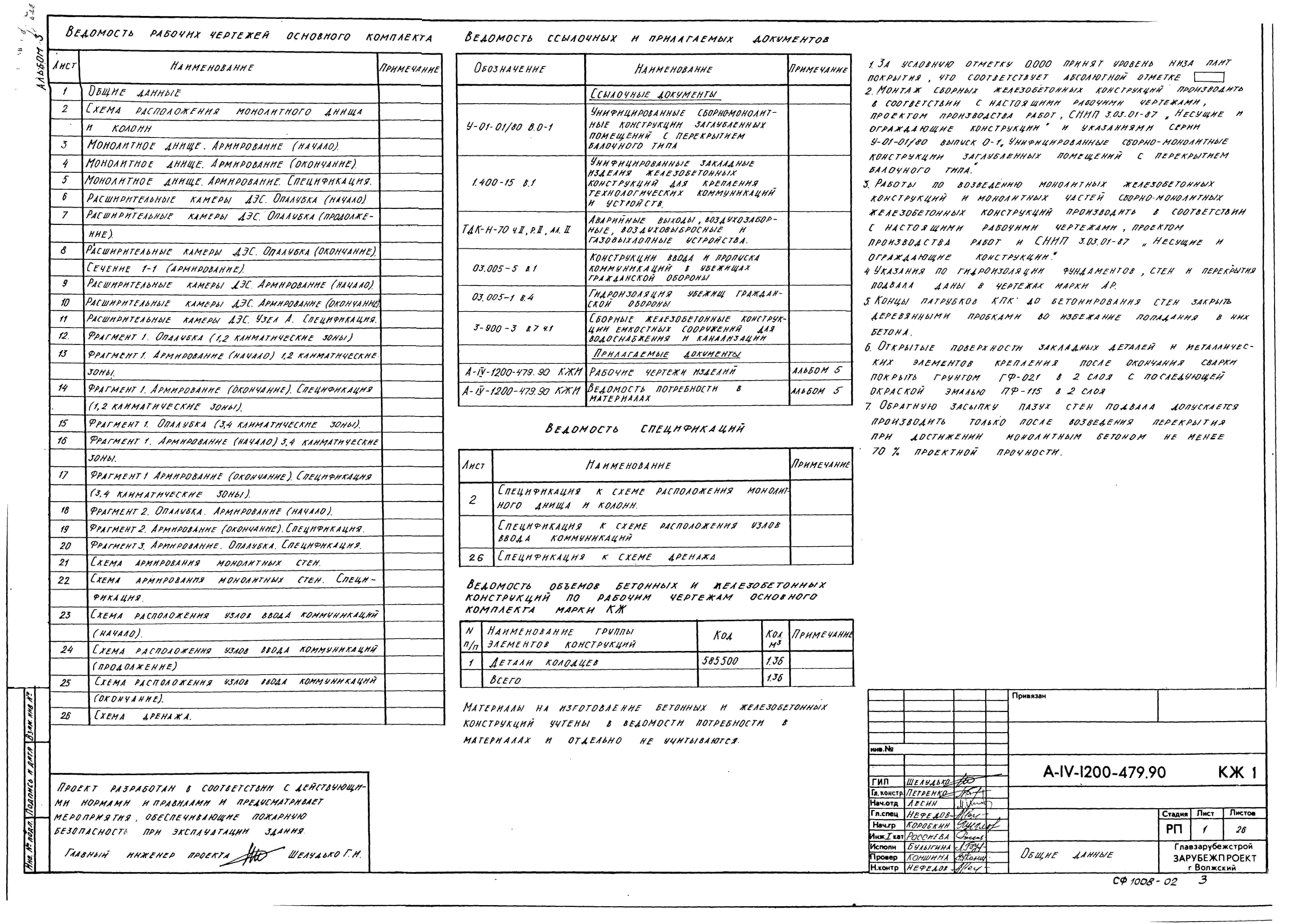Состав альбома Типовой проект А-IV-1200-479.90Альбом 3 КЖ1 Конструкции железобетонные                      
