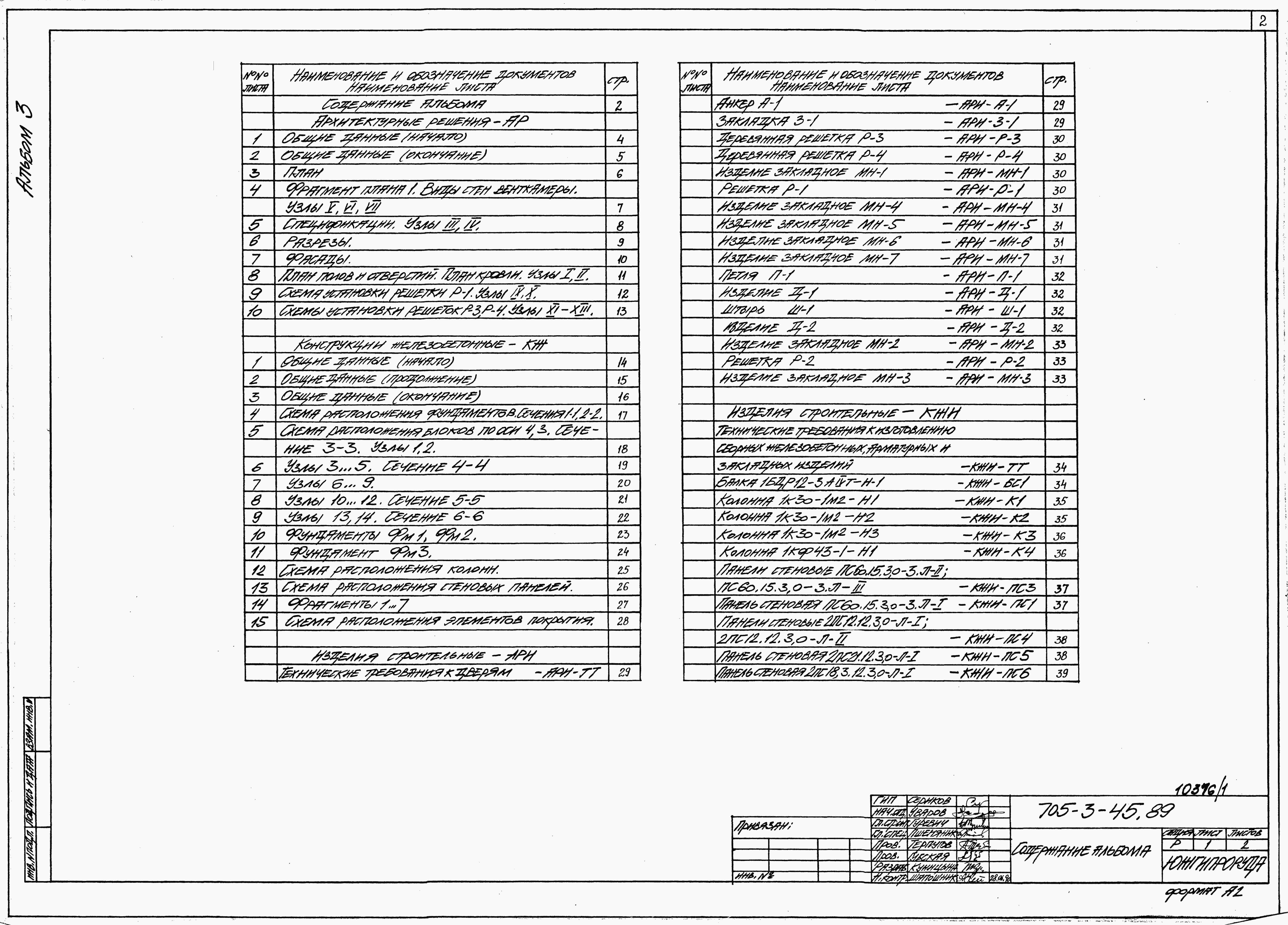 Состав альбома Типовой проект 705-3-45.89Альбом 3 Архитектурные решения. Конструкции железобетонные.      