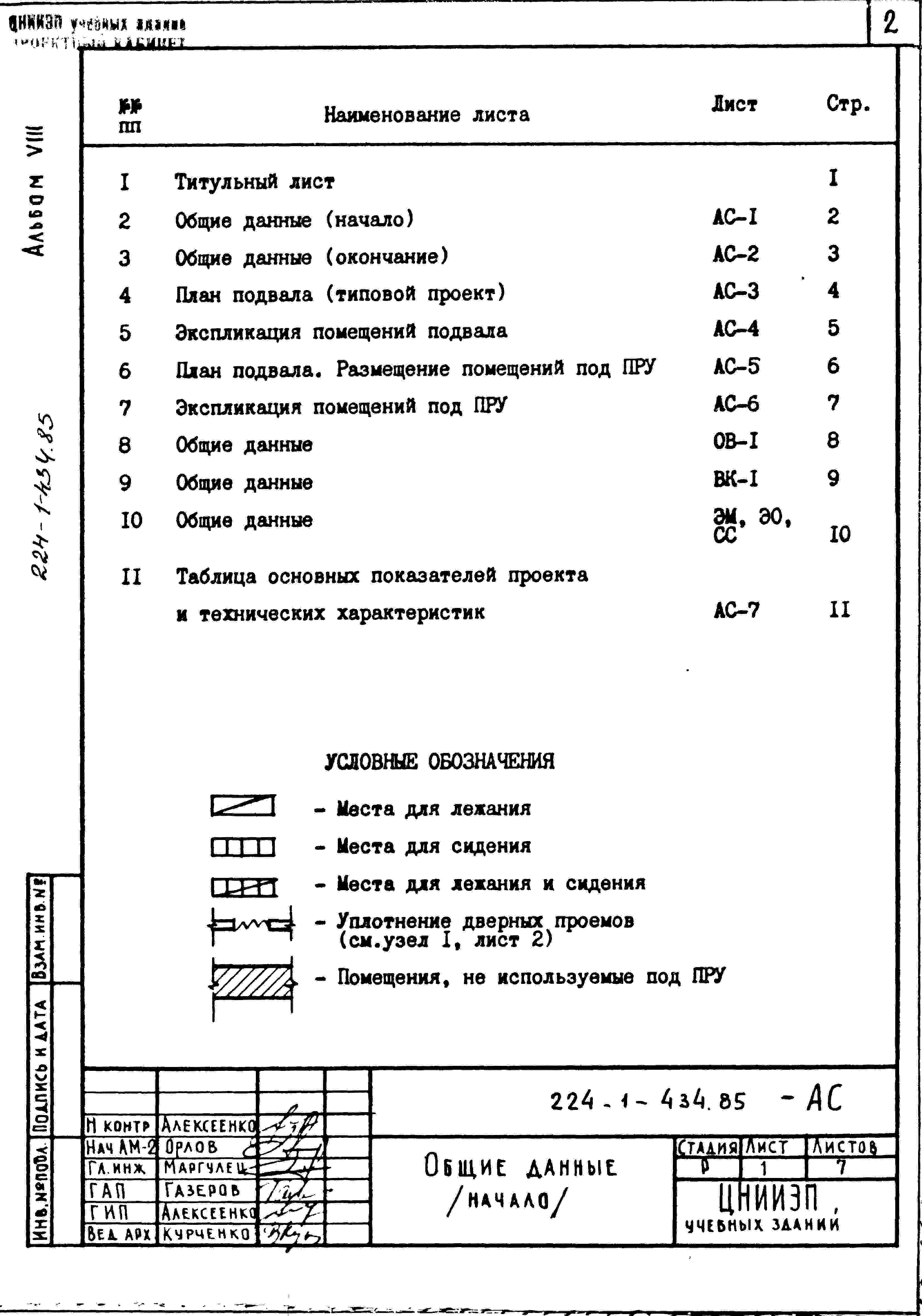 Состав альбома Типовой проект 224-1-434.85Альбом 8 Проектная документация по переводу хозяйственно-бытовых помещений в подвале для использования по ПРУ (2-4-1390).          
