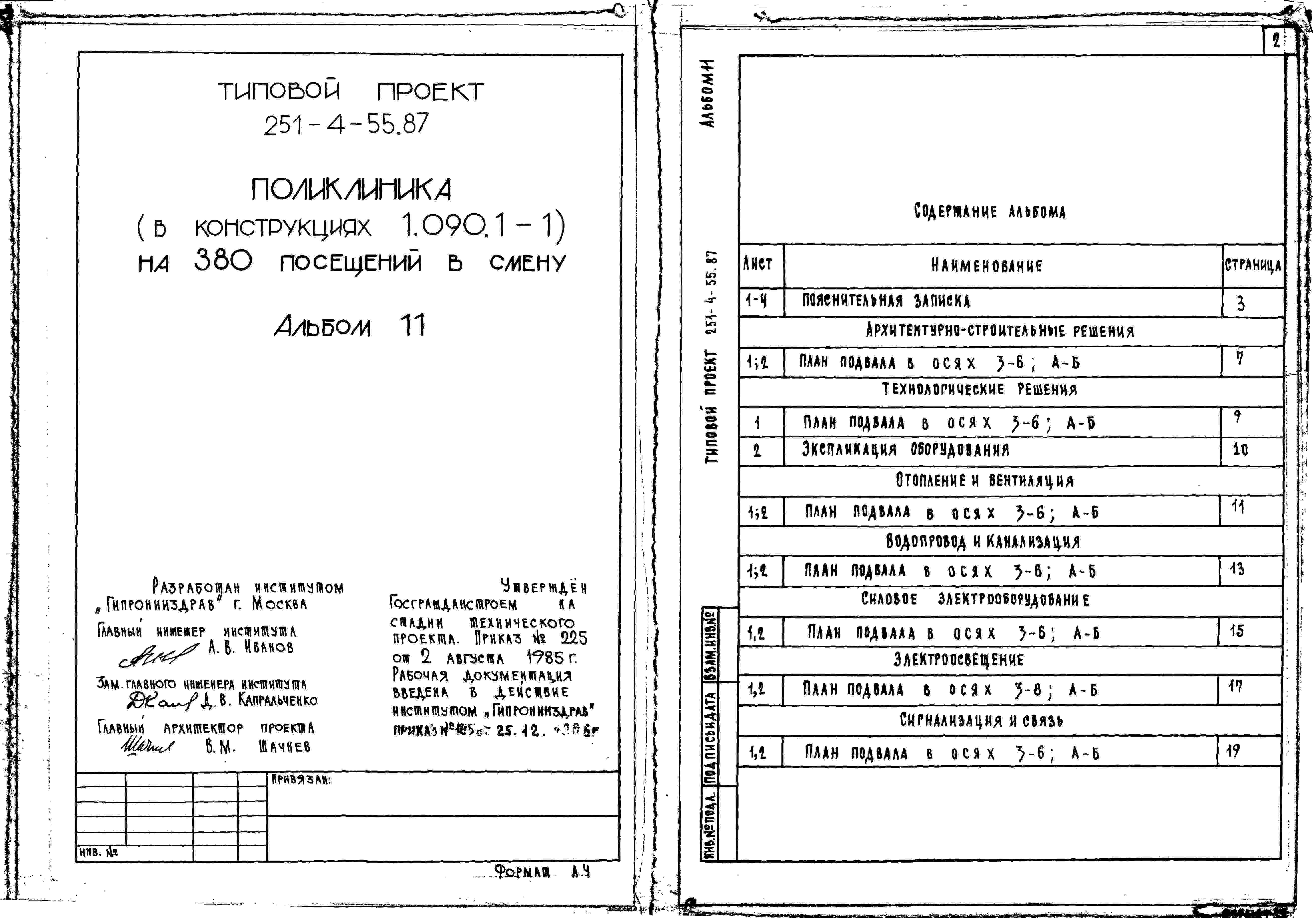 Состав альбома Типовой проект 251-4-55.87Альбом 11 Проектная документация по переводу хозяйственно-бытовых помещений в подвале в режим ПРУ