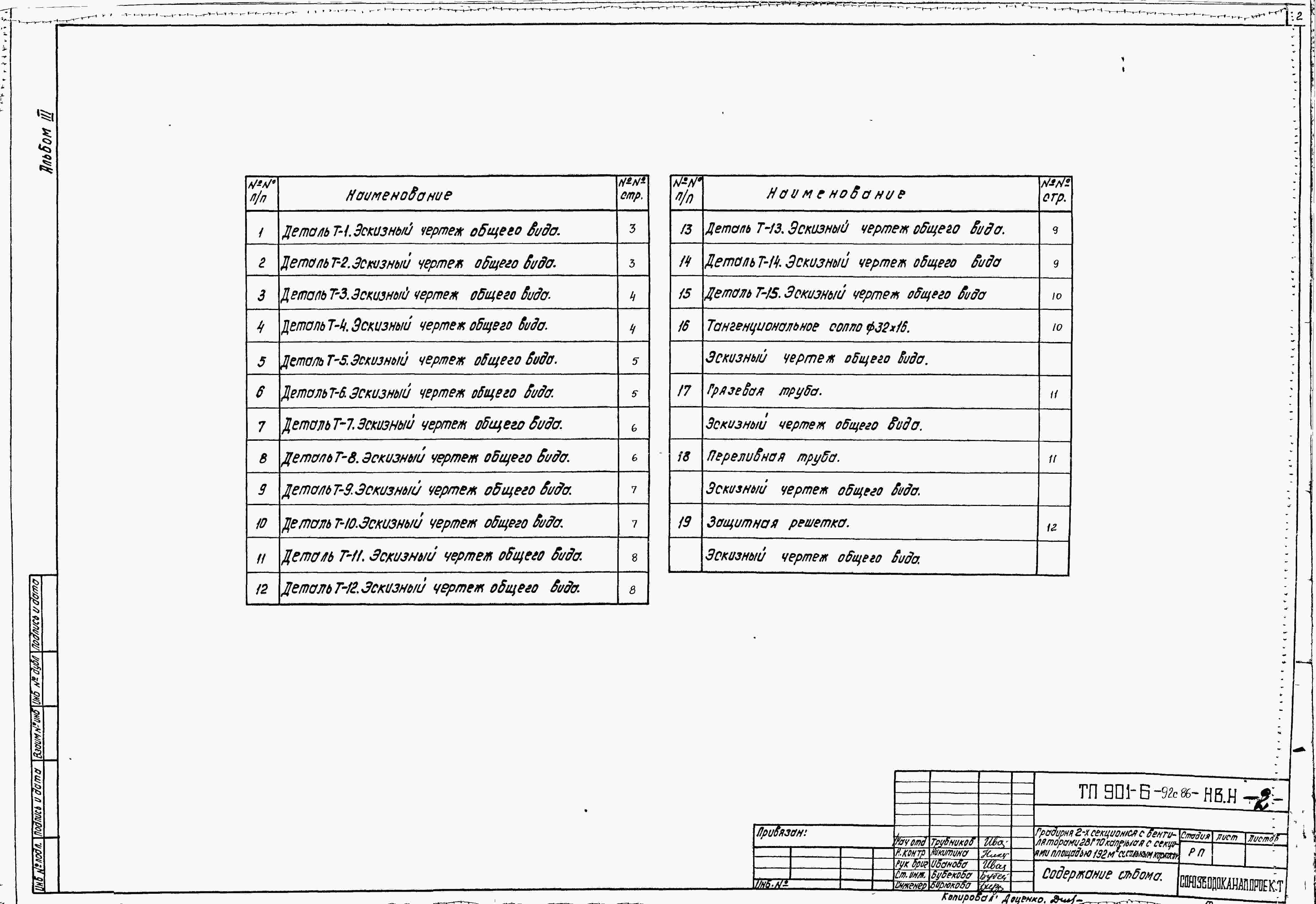 Состав альбома Типовой проект 901-6-92с.86Альбом 3 Эскизные чертежи общих видов нетиповых конструкций