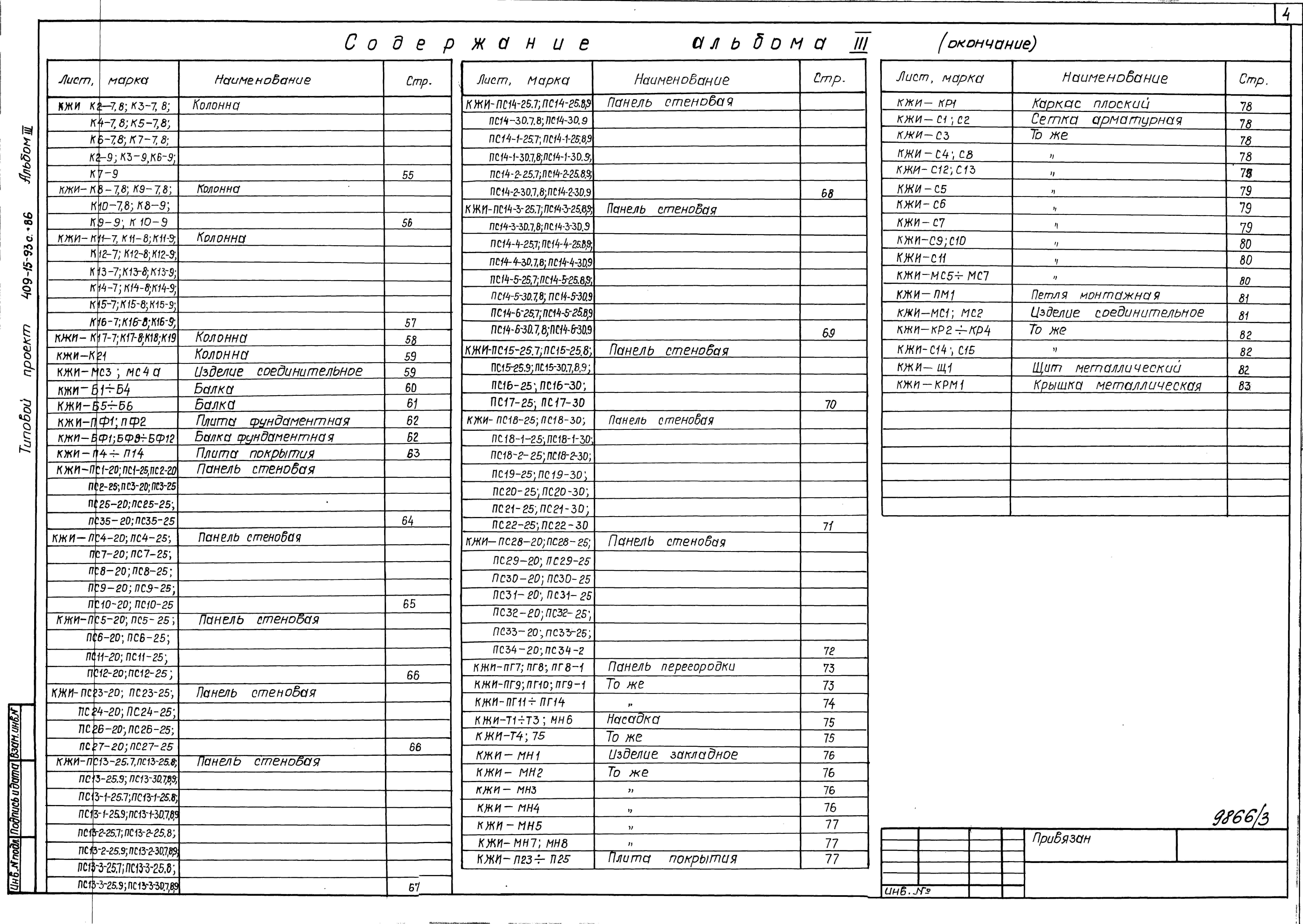 Состав альбома Типовой проект 409-15-93с.86Альбом 3  Конструкции железобетонные  