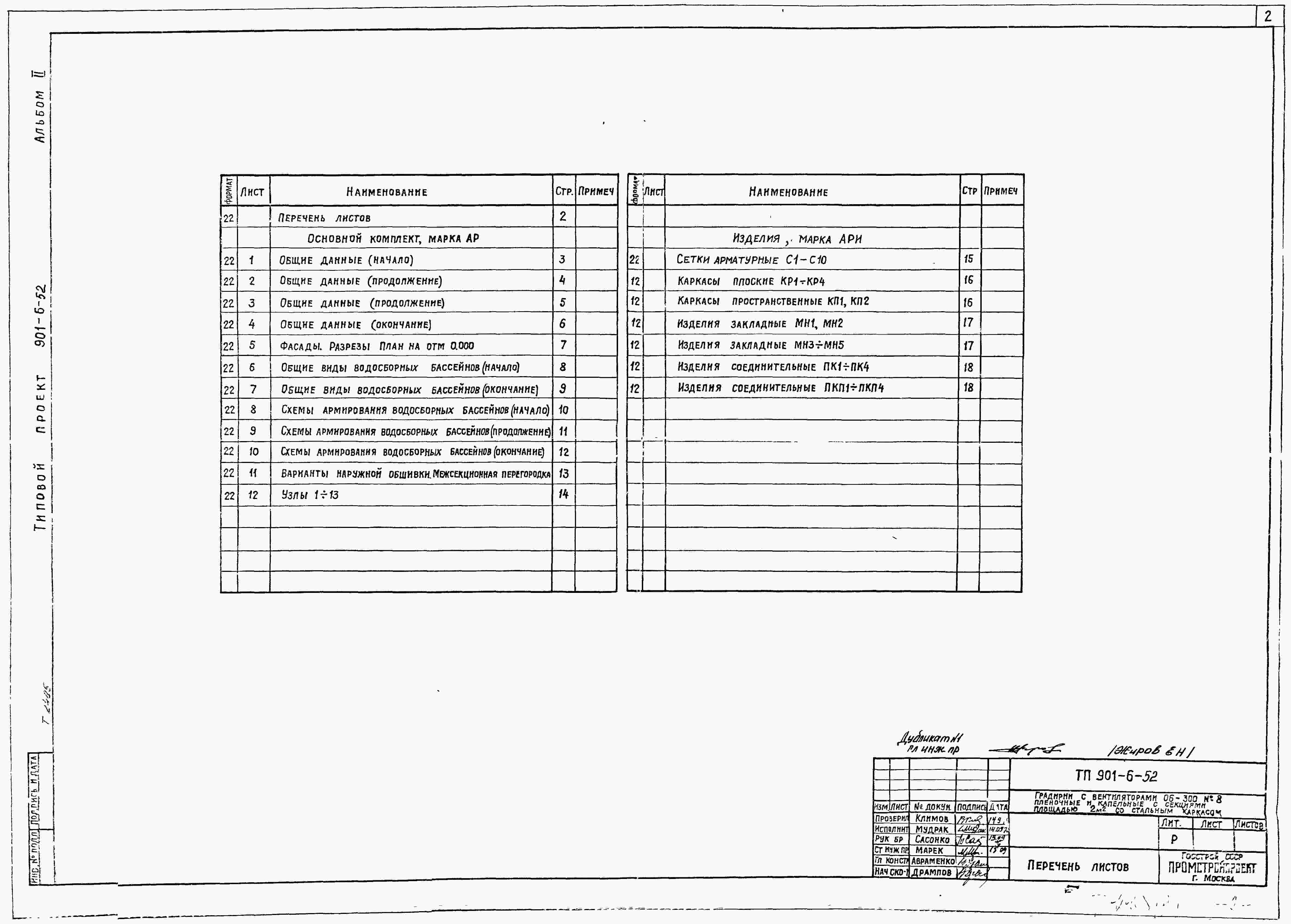 Состав альбома Типовой проект 901-6-52Альбом 2 Архитектурно-строительные решения