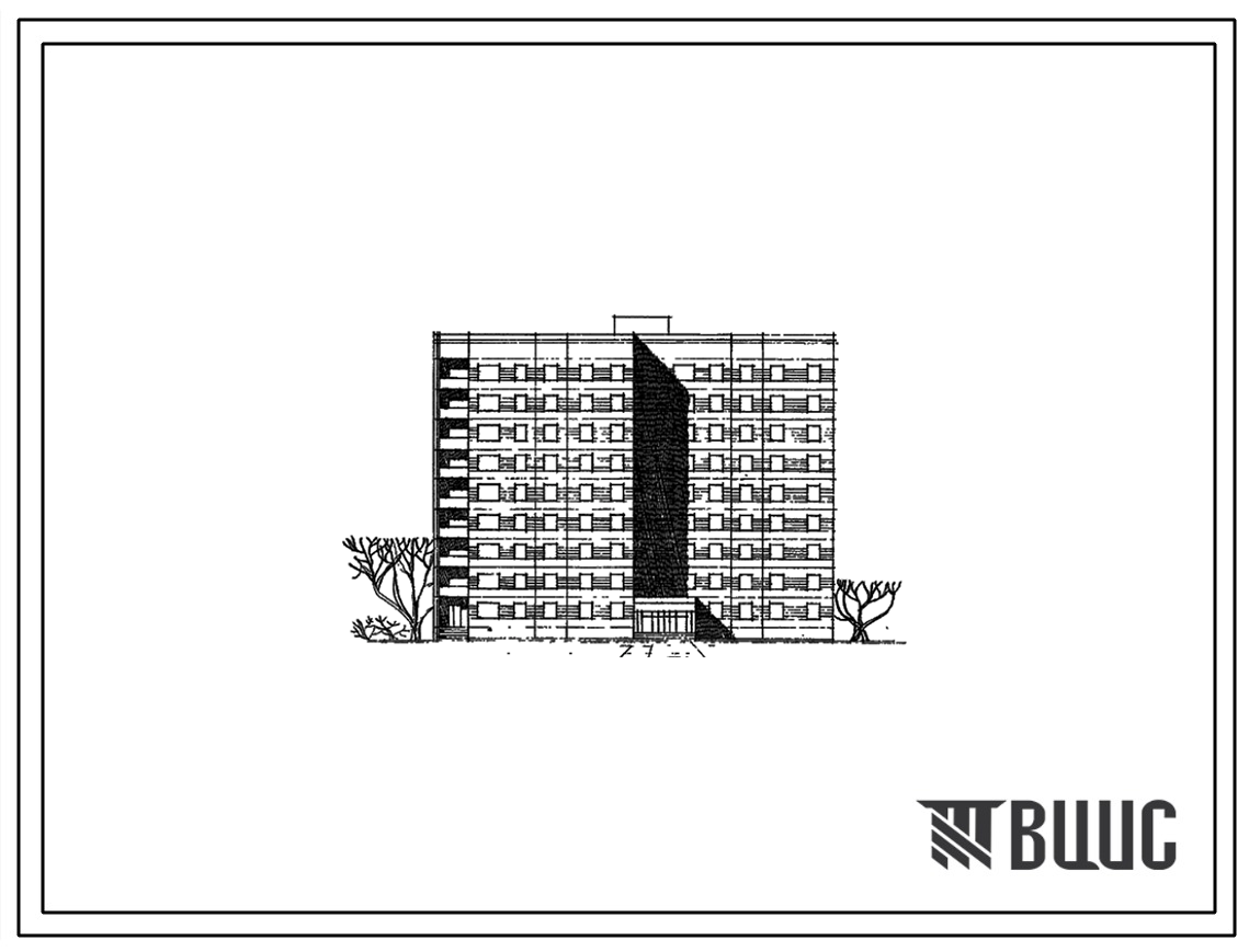 Типовой проект 90-043/1 Девятиэтажная блок-секция рядовая общежития на 229 человек с квартирами на 3 и 4 человека. Для строительства в 1В климатическом подрайоне, во 2 и 3 климатических районах