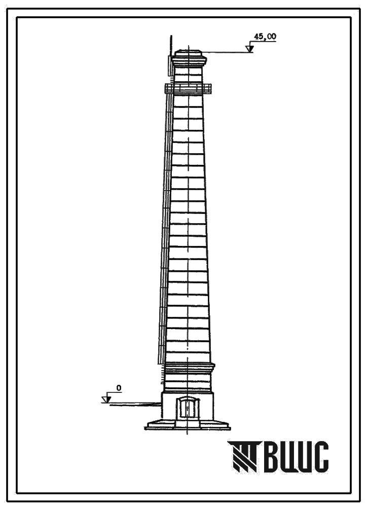 Типовой проект 907-2-123 Труба дымовая кирпичная для котельных установок Н=45,0 м; Д0=2,1 м. Для строительства в 3-4 районах ветровой нагрузки с подземным примыканием газоходов