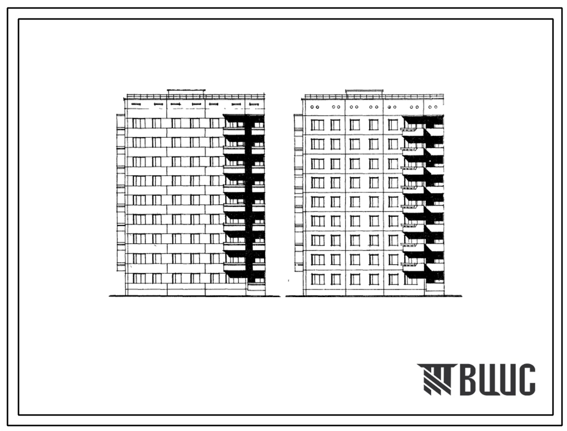 Фасады Типовой проект 135-027/1 Девятиэтажная блок-секция торцовая левая 1Б-2Б-2Б-3Б на 36 квартир.