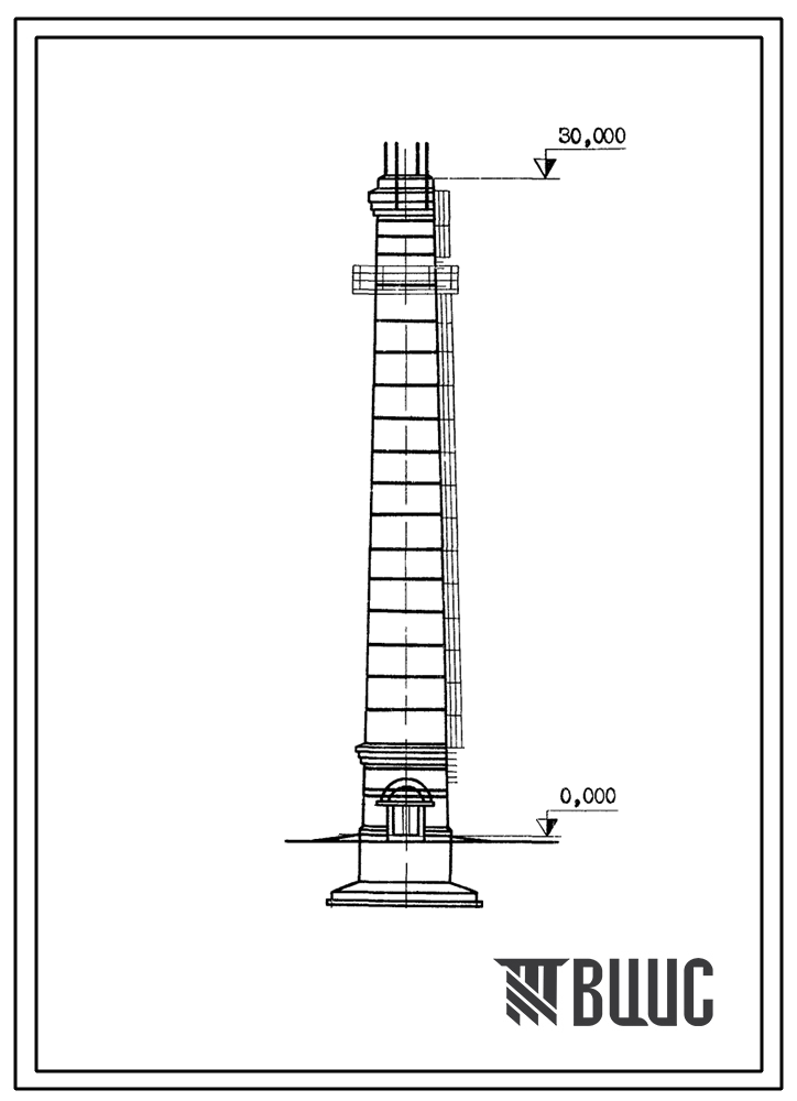 Типовой проект 907-2-197 Труба дымовая кирпичная Н=30 м, Д0=1,5 м с наземным примыканием газоходов для котельных установок. Для строительства в 1-4 климатических районов кроме подрайонов 1А и 1Б