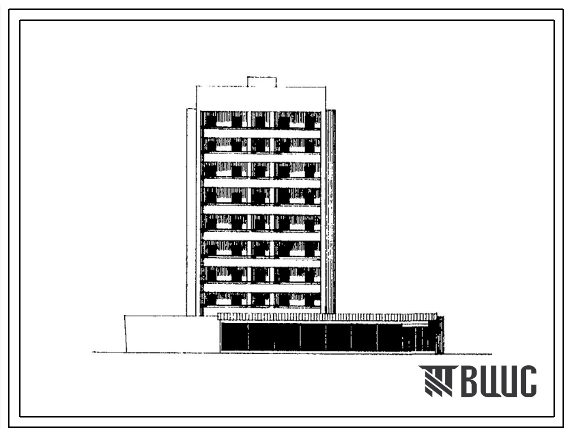 Типовой проект 1-447С-51 Девятиэтажный односекционный жилой дом на 34/35/ квартиры c лоджиями (двухкомнатных-2, трехкомнатных-25, четырехкомнатных-8) со встроено-пристроенными предприятиями торговли.