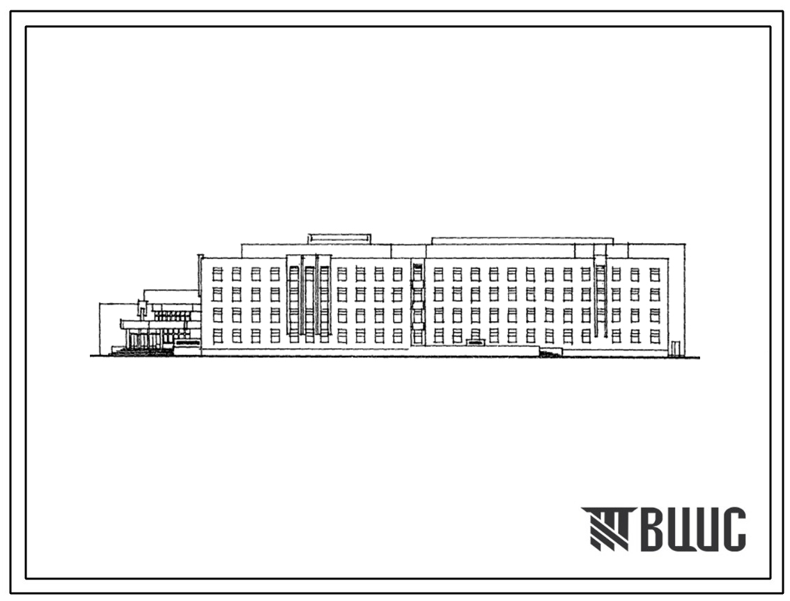 Фасады Типовой проект 254-07-17.88 Акушерский корпус на 100 коек для расширения существующих больниц. Здание двух-, четырехэтажное. Стены из кирпича.