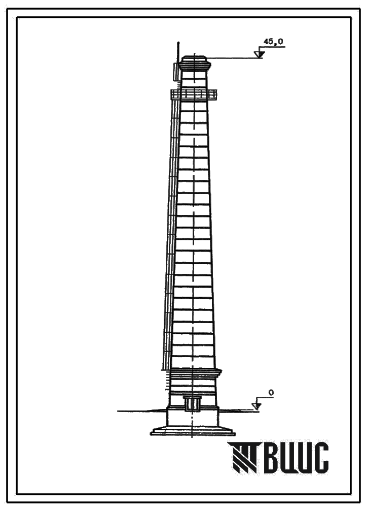 Типовой проект 907-2-114 Труба дымовая кирпичная для котельных установок Н=45,0 м; Д0=1,5 м. Для строительства в 3 районе ветровой нагрузки с наземным примыканием газоходов