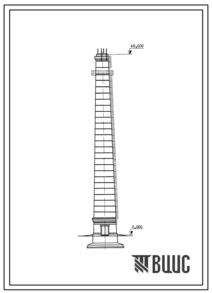 Типовой проект 907-2-209 Труба дымовая кирпичная Н=45 м, Д0=2,1 м с наземным примыканием газоходов для котельных установок. Для строительства в 1-4 климатических районов кроме подрайонов 1А и 1Б
