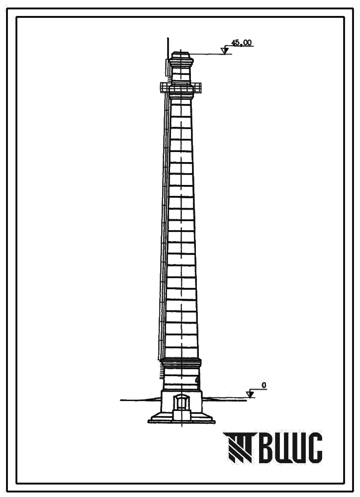Типовой проект 907-2-106 Труба дымовая кирпичная для котельная установка Н=45,0м, Д0=1,2 м. Для строительства в 1-2 районах ветровой нагрузки с подземным примыканием газоходов