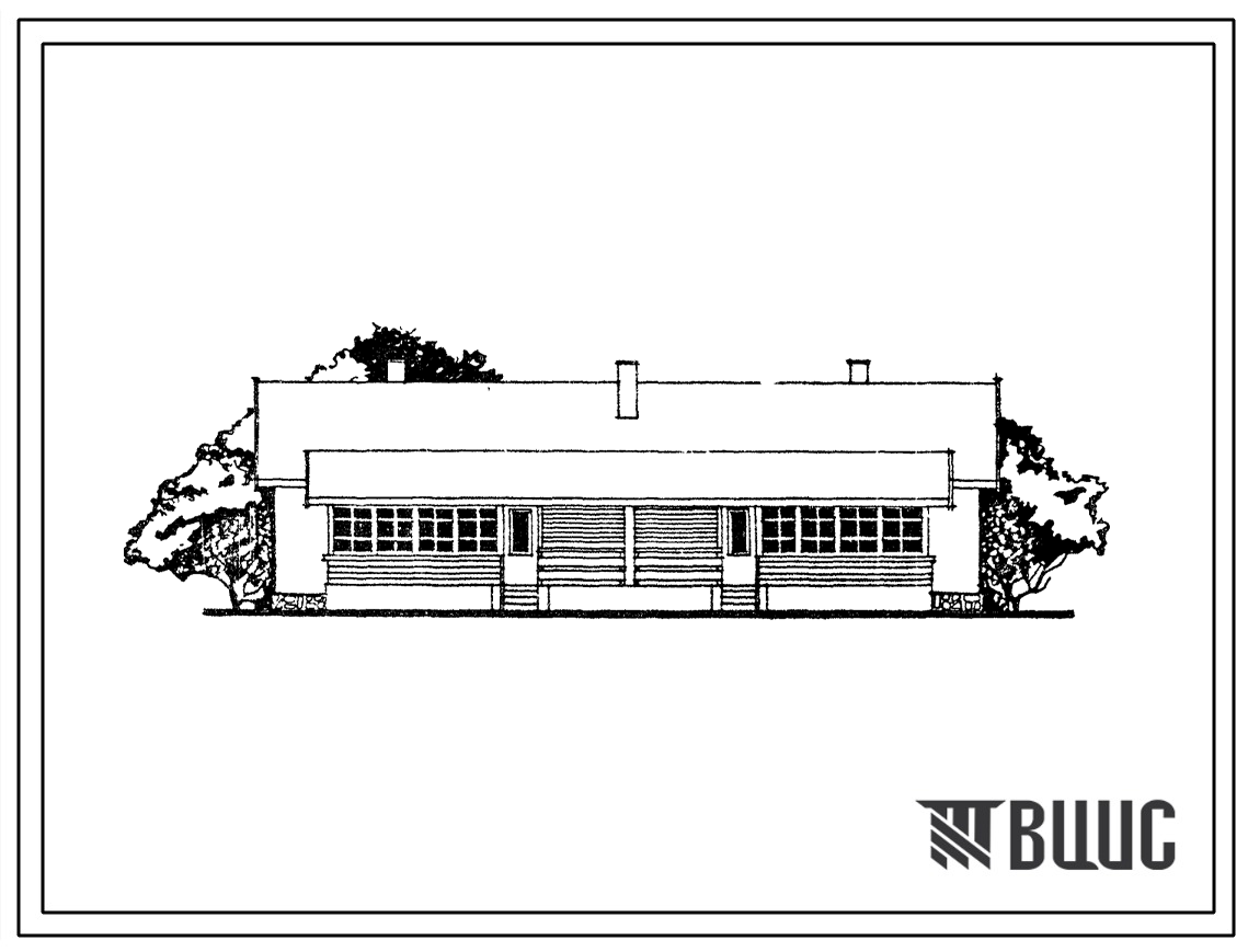 Фасады Типовой проект 184-24-184.84 Одноэтажный двухквартирный жилой дом с 2-комнатными квартирами со стенами из кирпича и комплектами деревянных деталей заводского изготовления для индивидуальных застройщиков