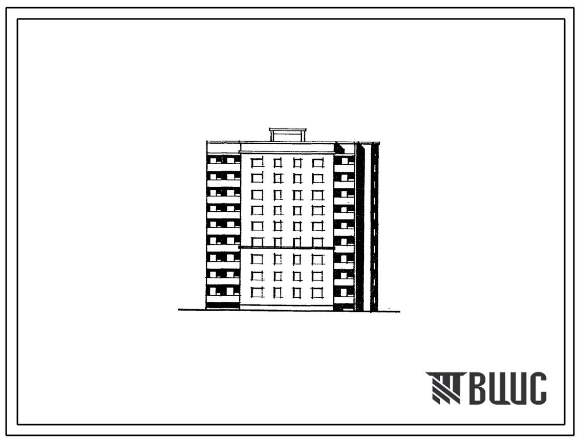 Фасады Типовой проект 89-076/1 Девятиэтажная блок-секция торцевая левая на 36 квартир (двухкомнатных 2Б-18, трехкомнатных 3Б-18). Для строительства в 3 климатическом районе во 2В климатическом подрайоне Белорусской ССР