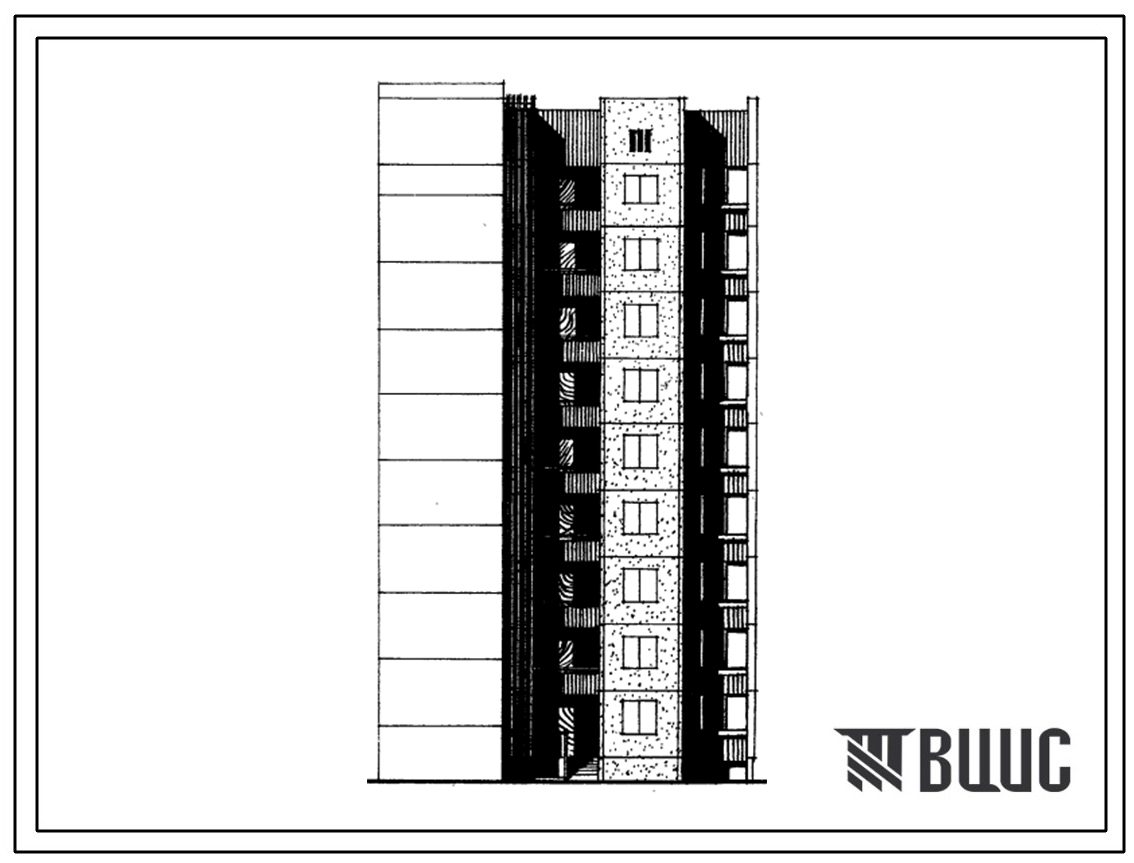 Типовой проект 1-464АС-084с Полусекция 9-этажная 18-квартирная рядовая с торцовым окончанием и лестничной клеткой для блокировки в разных уровнях. 2Б - 3Б (левая)