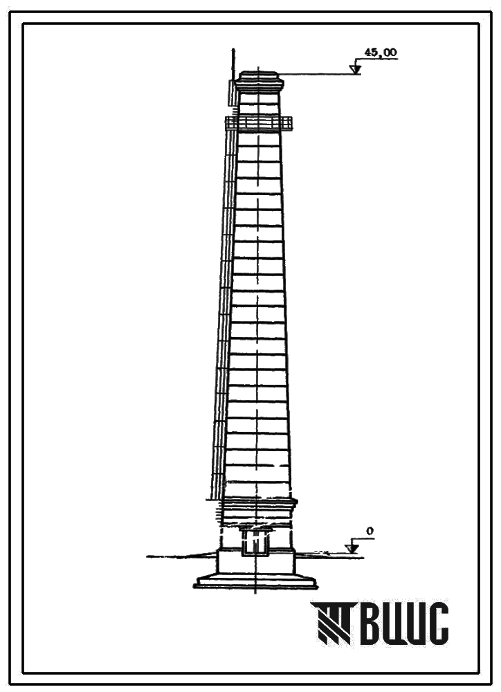 Типовой проект 907-2-122 Труба дымовая кирпичная для котельных установок Н=45,0 м; Д0=2,1 м. Для строительства в 3-4 районах ветровой нагрузки с наземным примыканием газоходов