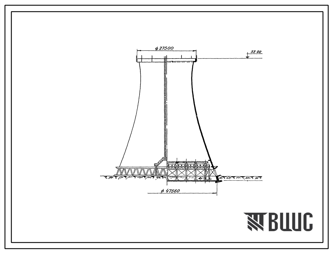 Типовой проект 901-6-13 Гиперболическая башенная градирня площадью орошения 1520 м2 с трубчатым водораспределением и 2-х ярусным асбестоцементным оросителем.