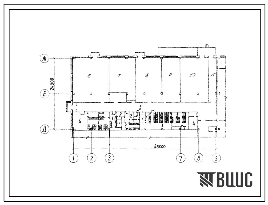 Типовой проект Б-2-250(412-1-22) Бытовые помещения 1 этажа главного производственного здания мясоперерабатывающего завода,мощностью 40 тонн  мяса в смену, (убежище на 250 человек, размеры убежища 48м на 24м, режимы вентиляции 1,2,3).