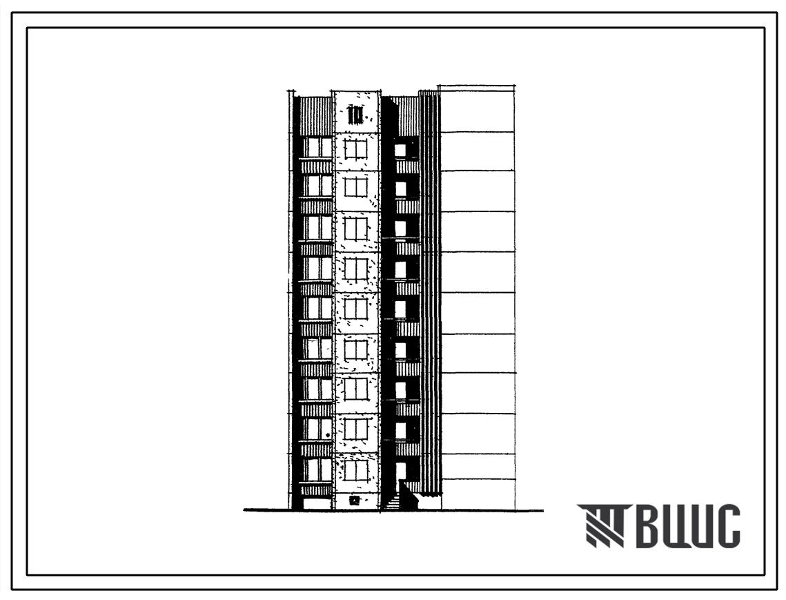 Типовой проект 1-464АС-087с Полусекция девятиэтажная 18-квартирная рядовая с торцовым окончанием и лестничной клеткой для блокировки на ровном участке 3Б-2Б (правая).