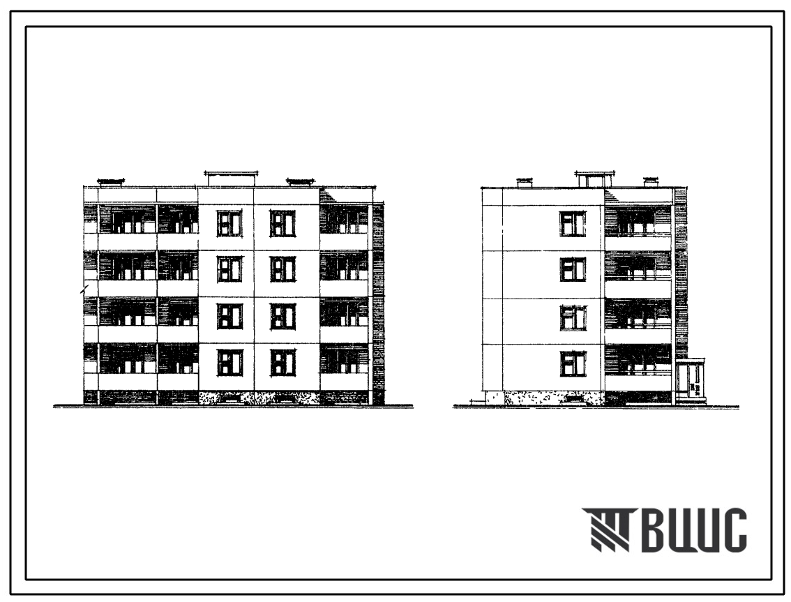 Типовой проект 210-028 Четырехэтажная блок-секция торцевая правая на 8 квартир (трехкомнатных 3Б-4, четырехкомнатных 4Б-4). Для строительства во 2В климатическом подрайоне Белорусской ССР