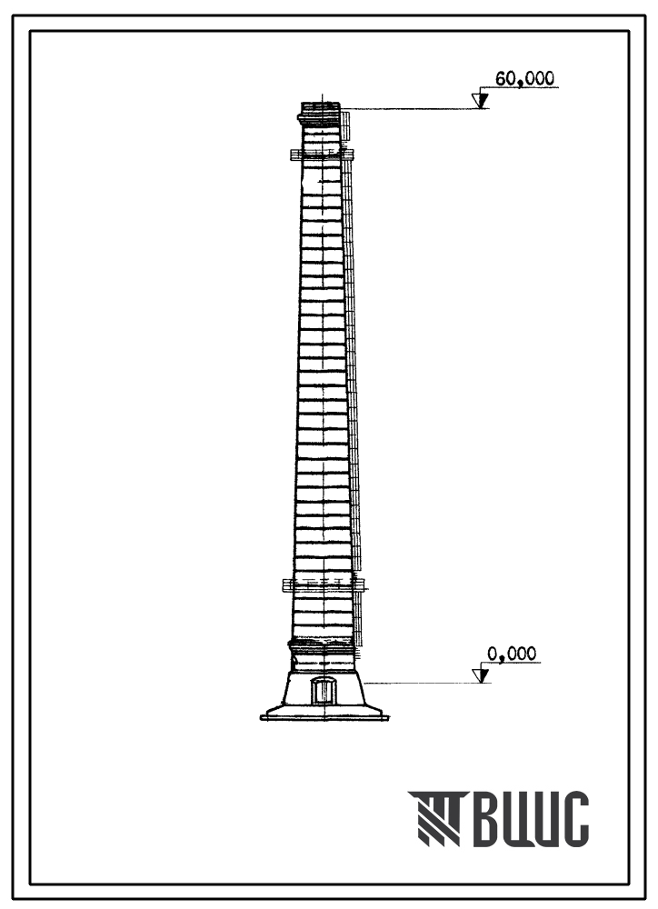 Типовой проект 907-2-218 Труба дымовая кирпичная Н=60 м, Д0=2,1 м с подземным примыканием газоходов для котельных установок. Для строительства в 1-4 климатических районов кроме подрайонов 1А и 1Б