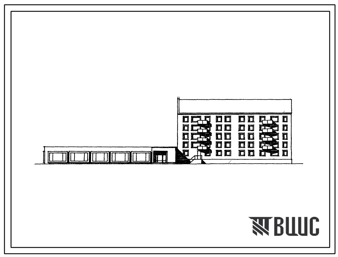 Типовой проект 114-057с.87 Блок-секция 5-этажная 27-квартирная торцовая со встроенно-пристроенным магазином "Универсам" торговой площадью 400 м2
