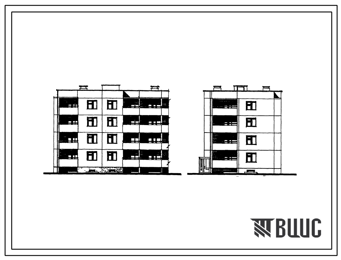 Фасады Типовой проект 210-026 Блок-секция торцевая левая на 8 квартир (трехкомнатных 3Б-4, четырехкомнатных 4Б-4). Для строительства во 2В климатическом подрайоне Белорусской ССР