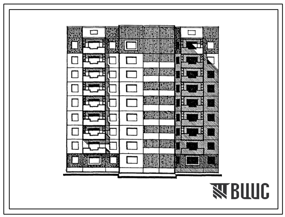 Типовой проект 97-0299.87 Блок-секция 9-этажная 63-квартирная рядовая многолучевая 2-2-2-2-2-3-4