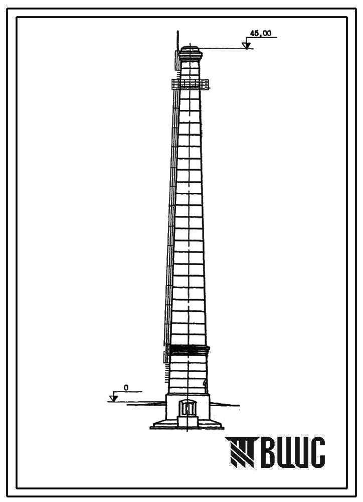 Типовой проект 907-2-109 Труба дымовая кирпичная для котельных установок Н=45,0 м; Д0=0,9 м. Для строительства в 3 районе ветровой нагрузки с подземным примыканием газоходов