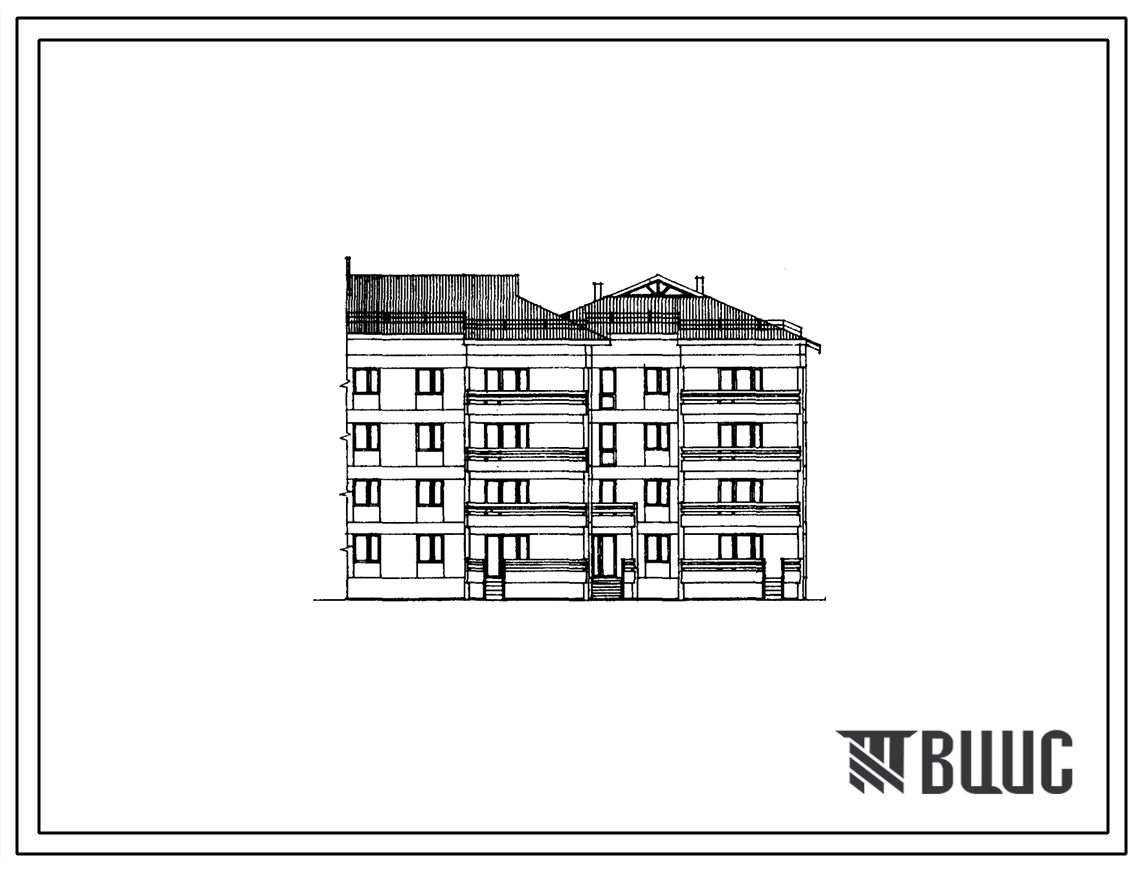 Типовой проект 17-030/1 Четырехэтажная 16-квартирная поворотная блок-секция с квартирами (однокомнатных 1Б — 4, двухкомнатных 2Б — 4, трехкомнатных 3Б — 4, четырехкомнатных 4Б — 4) с выходом на участок на первом этаже.
