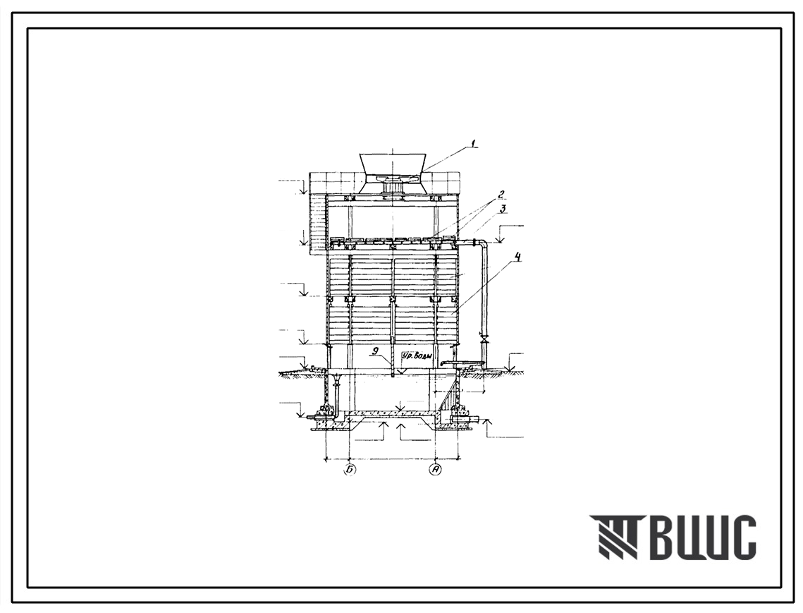Типовой проект 901-6-88.86 Градирня пятисекционная с вентиляторами 3ВГ25 капельная с секциями площадью 24 кв. м с каркасом из железобетонных элементов