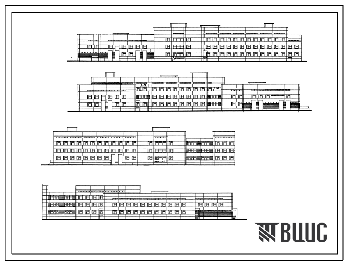 Фасады Типовой проект 252-01-154.89 Участковая больница на 150 коек с поликлиникой на 200 посещений в смену (в конструкциях 1.020-1/83)