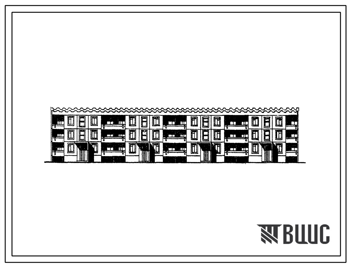 Типовой проект 111-99-26/1 Трехэтажный четырехсекционный жилой дом на 33 квартиры (однокомнатный 1А-3, 1Б-6, двухкомнатных 2Б-15, трехкомнатных 3Б-6, четырехкомнатных 4Б-3). Для строительства в 1В климатическом подрайоне, 2 и 3 климатических районах