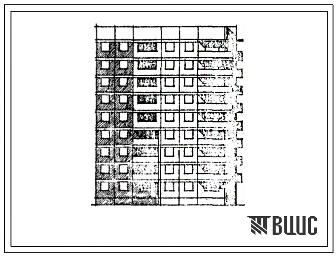 Типовой проект 97-071/1 Девятиэтажная блок-секция угловая левая на 36 квартир (двухкомнатных 2Б-19, трехкомнатных 3Б-8, четырехкомнатных 4Б-9). Для строительства в 1В климатическом подрайоне