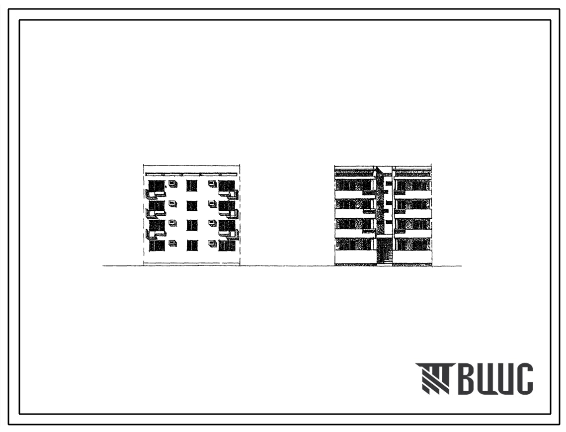 Типовой проект 77-043СП Блок-секция рядовая четырехэтажного дома на 8 квартир (двухкомнатных 2Б-4, трехкомнатных 3А-4). Для строительства в 4А и 4Г климатических подрайонах, в несейсмических и районах сейсмичностью 7 баллов, на грунтах 2 типа просадочност