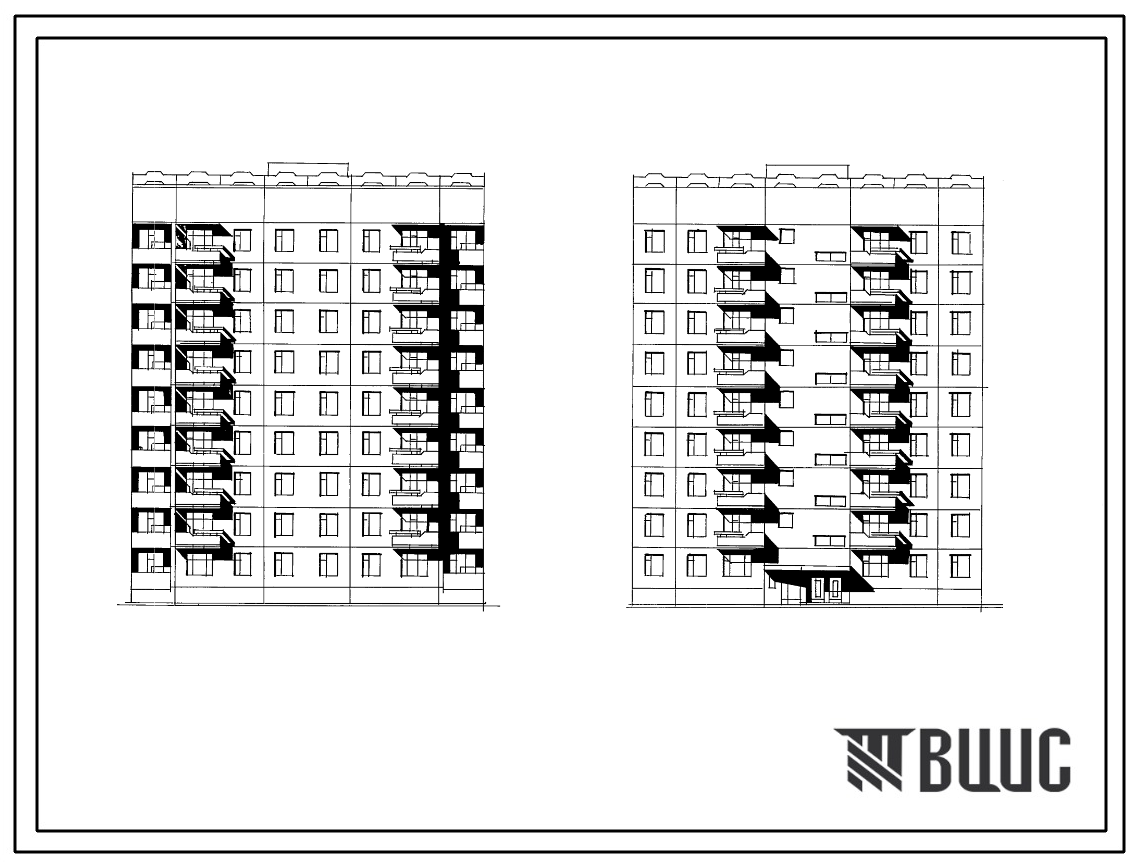 Фасады Типовой проект 135-01/1.2 Блок-секция 9-этажная 36-квартирная рядовая с торцовыми окончаниями 2Б-2Б-3Б-3Б