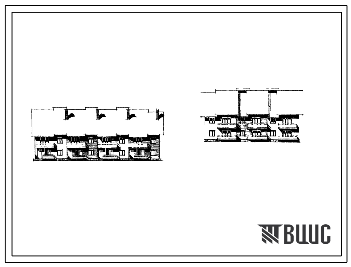 Типовой проект 204-08 Двухэтажная блок-секция рядовая торцевая на 2 квартиры (двухкомнатных 2Б-1, трехкомнатных 3Б-1). Для строительства в 1В и 1Д климатических подрайонах