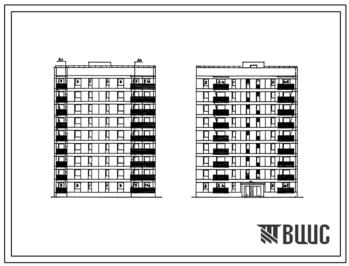 Типовой проект 87-083п/2 Блок-секция  торцовая левая 9-этажная 36-квартирная Т-1Б-2Б-2Б-3А