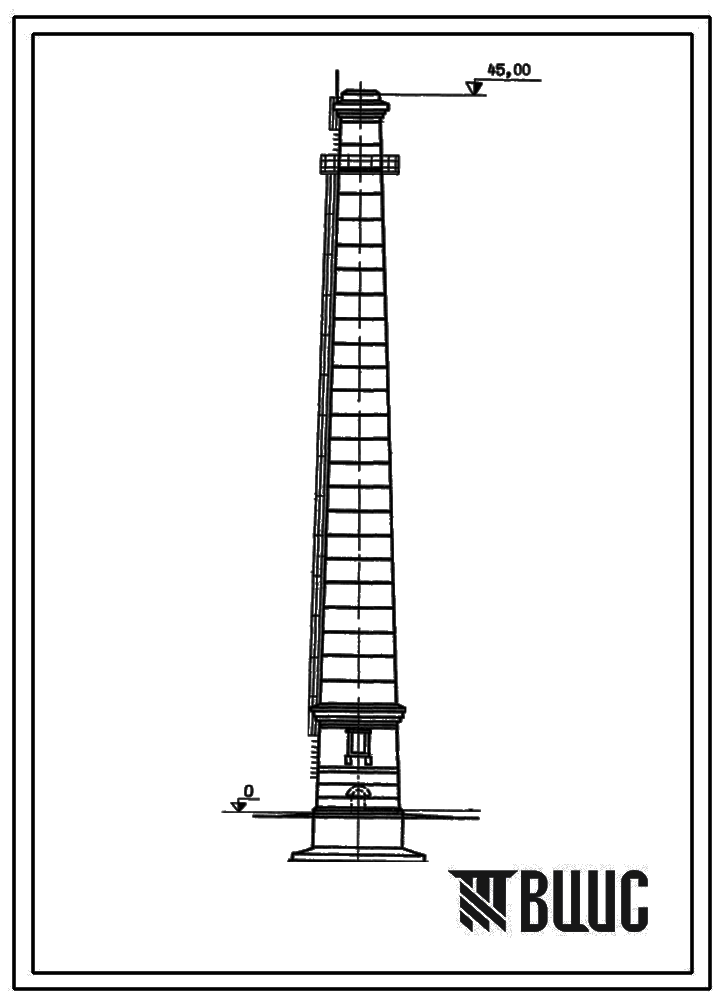 Типовой проект 907-2-104 Труба дымовая кирпичная для котельная установка Н=45,0м, Д0=1,2 м. Для строительства в 3 районе ветровой нагрузки с надземным примыканием газоходов