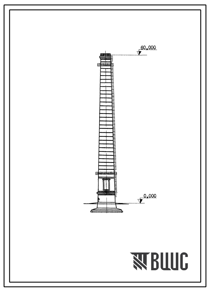 Типовой проект 907-2-216 Труба дымовая кирпичная Н=60 м, Д0=3,0 м с надземным примыканием газоходов для котельных установок. Для строительства в 1-4 климатических районов кроме подрайонов 1А и 1Б