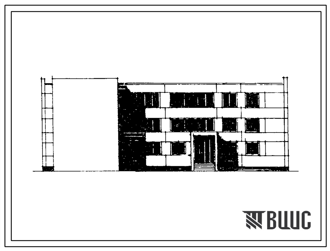 Фасады Типовой проект 221-9-116 Блок универсальный на 9 учебных помещения для пристроек к существующим зданиям школ. Здание трехэтажное. Конструкции по серии 25. Стены из однослойных легкобетонных панелей.