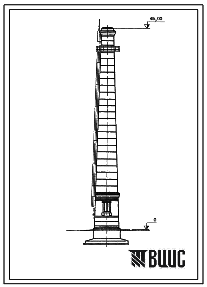 Типовой проект 907-2-116 Труба дымовая кирпичная для котельных установок Н=45,0 м; Д0=1,5 м. Для строительства в 4 районе ветровой нагрузки с надземным примыканием газоходов